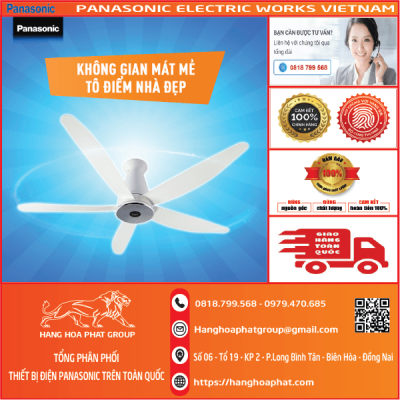 Quạt trần Panasonic F-60XDN-W với cánh quạt và động cơ DC hiện đại giúp tiết kiệm điện năng tối ưu. Thiết kế tinh tế, sản phẩm này mang lại luồng gió mát mạnh mẽ và êm ái, phù hợp cho mọi không gian sống.